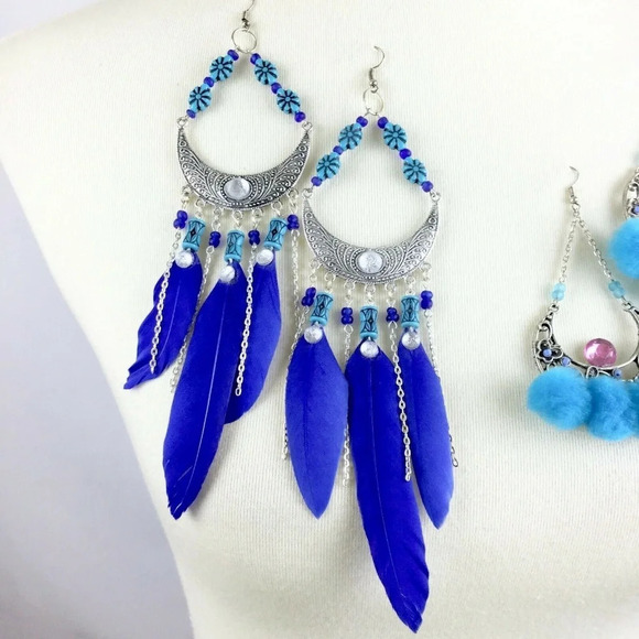 OOAK Artsy Wild Boho Statement Earrings Dangle Feathers Poms Handmade - Picture 3 of 5